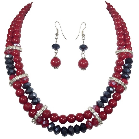 Red Black Layered Bead Necklace Earrings Set - Picture 1 of 3